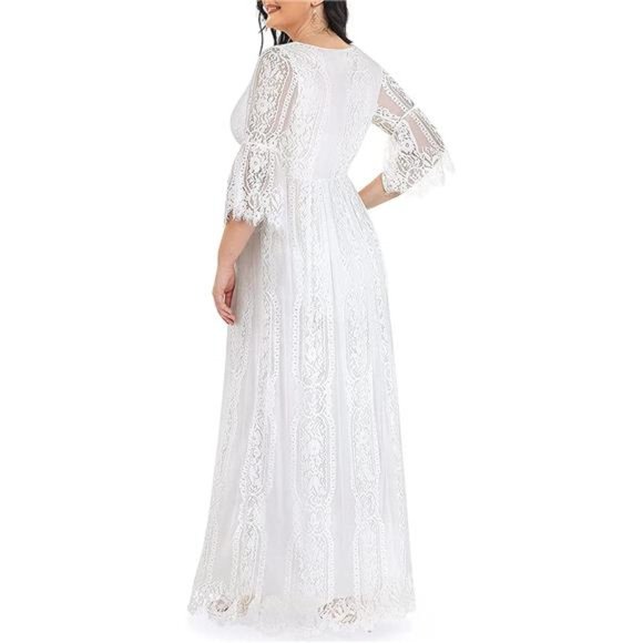 Women's Plus Size Boho Maxi Floral Lace Wedding Dress V Neck Flowy Long Dresses - Picture 2 of 6